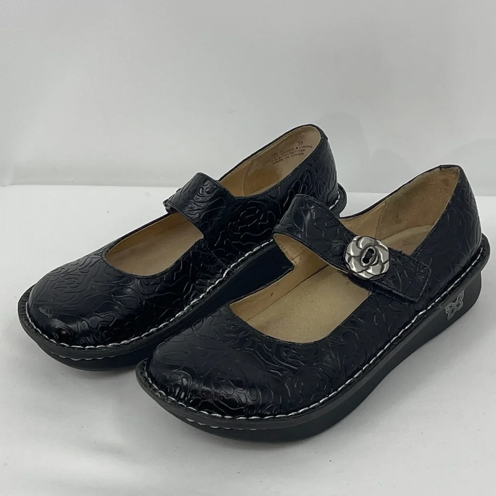 Alegria Black Embossed MARY JANE Shoes WOMENS SIZE 37 LEATHER UPPER